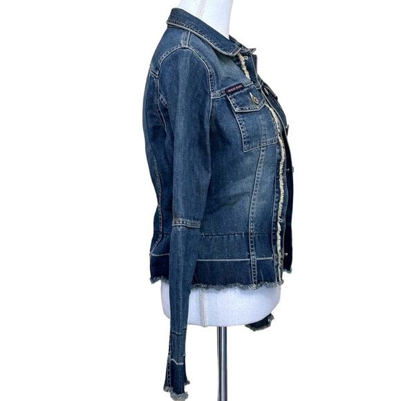 Guess blue denim jacket, fringed hem, medium, bohemian, southwestern, rodeo - Picture 2 of 7